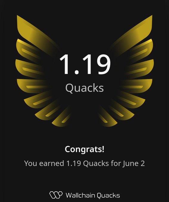 The image features a black background with a gold-colored bird's wing design, which appears to be a logo or emblem related to wallchainQuacks. The text "Congratulations! You earned 1.19 Quacks for June 2" is displayed below the winged design. This suggests that someone has successfully completed an account or campaign on WallchainQuacks and has been rewarded with 1.19 Quacks as their achievement.
