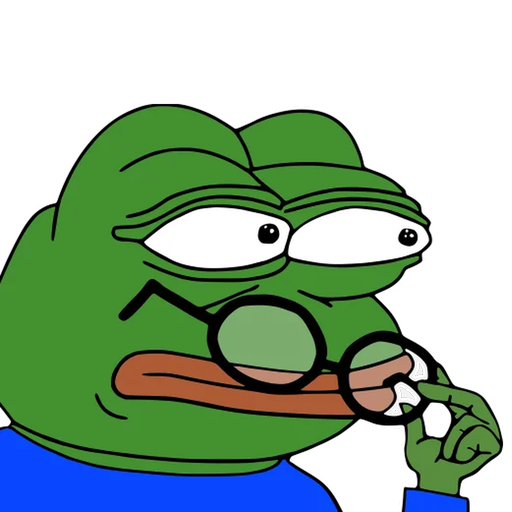 A cartoon-style illustration of a green frog (Pepe) with wide eyes, wearing a blue shirt and holding glasses to its mouth in a thoughtful pose.
