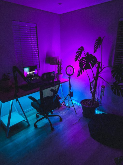 A dimly lit home office/studio bathed in neon purple and cyan lighting, featuring a desk with a laptop, ring light, gaming chair, and a large monstera plant.