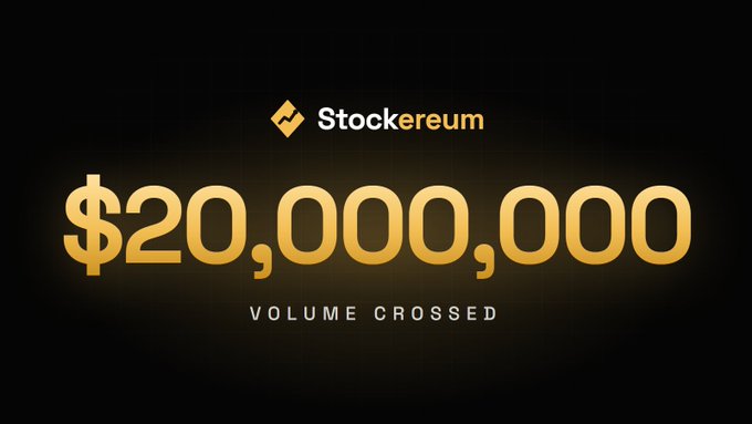 The image showcases the Stockerereum (Stocker) logo with a bold "$20,000,000 VOLUME CROSSED" announcement, highlighting the project's impressive trading milestone, which aligns with the post celebrating $stocker as a key launchpad asset for the upcoming mainnet with strong whale backing.