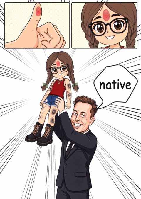 A comic-style illustration shows a man in a suit holding up a cartoon girl character with a red dot on her thumb and forehead; a speech bubble reads 'native'.
