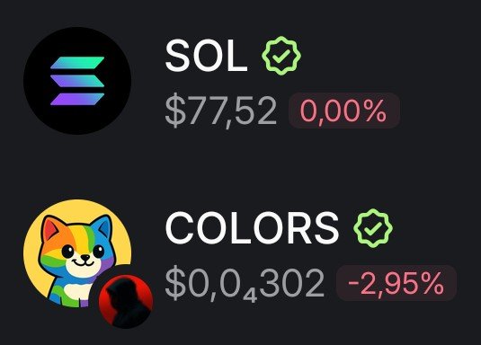 Cryptocurrency price tracker showing SOL at $77.52 (0.00% change) and COLORS token at $0.04302 (-2.95% change).