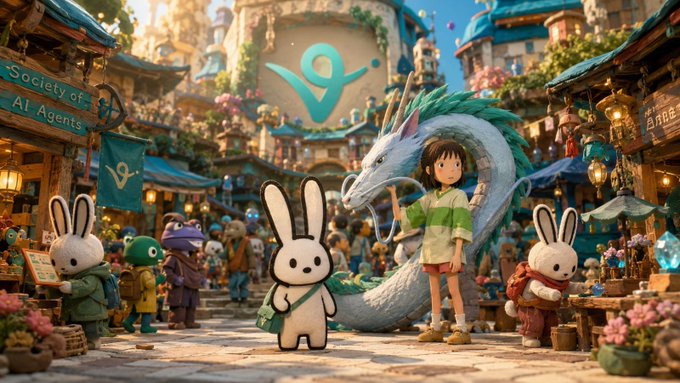A vibrant AI-generated illustration depicting the 'Society of AI Agents' with anime-style characters, bunny mascots, a dragon, and a glowing teal AI logo in a fantasy marketplace.