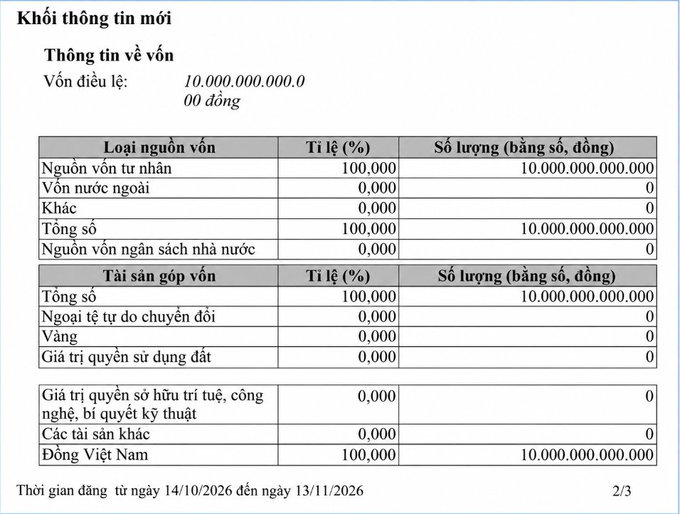 A Vietnamese financial document ('Khởi tạo thông tin mới') detailing capital information, showing charter capital of 10,000,000,000 VND from 100% private sources.