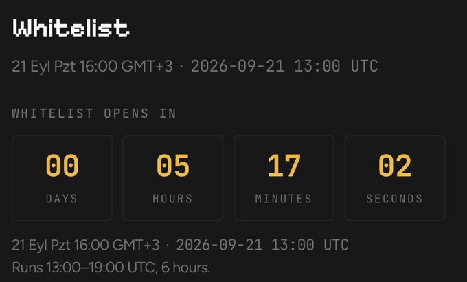 A countdown timer interface for a 'Whitelist' opening in 00 days, 05 hours, 17 minutes, and 02 seconds, scheduled for 21 Eyl Pzt 16:00 GMT+3 / 2026-09-21 13:00 UTC.