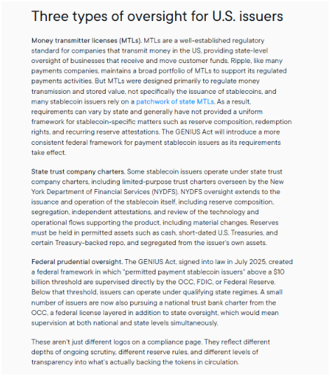 The image outlines three oversight frameworks for U.S. stablecoin issuers—Money Transmitter Licenses (MTLs), state trust company charters, and federal prudential oversight created by the GENIUS Act signed July 2025—which relate to the post by illustrating the regulatory options available to Ripple for RLUSD, which currently operates under a NYDFS trust company charter with BNY Mellon as reserve custodian and is pursuing conditional OCC approval for a national trust bank charter.