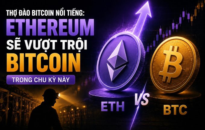 A Vietnamese promotional graphic declaring "Thợ đào Bitcoin nói tiếng: Ethereum sẽ vượt trội Bitcoin trong chu kỳ này" (Bitcoin miners say: Ethereum will outperform Bitcoin this cycle), showing ETH vs BTC coins.