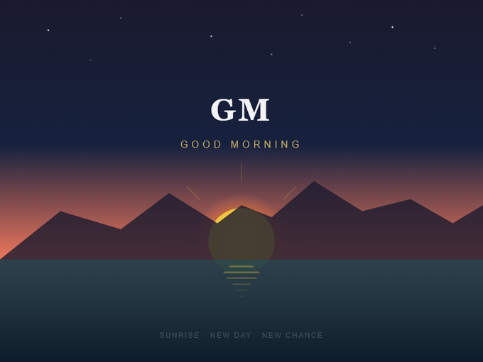 A 'Good Morning' graphic featuring a stylized sunset/sunrise over silhouetted mountains and water, with the text 'GM / GOOD MORNING / SUNRISE · NEW DAY · NEW CHANCE' on a dark blue starry sky.