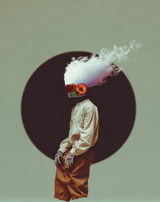The image features a person with a flower growing out of their head, wearing a white shirt and brown pants. They are standing against a green background that has a circle cut into it. The text "Human Overheat Metal replaces the nerves. The system burns in silence." is present within the image. This phrase seems to be related to the concept of heat-sensitive materials or electronics being replaced by human bodies, as suggested by the flower growing out of the person's head.