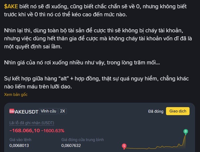 A screenshot of a Vietnamese cryptocurrency post showing a massive loss for '$AKE' token, displaying text about the coin's crash and unrealized losses (Lãi lỗ ghi nhận) of -188,066.10 USDT or -1600.63%.