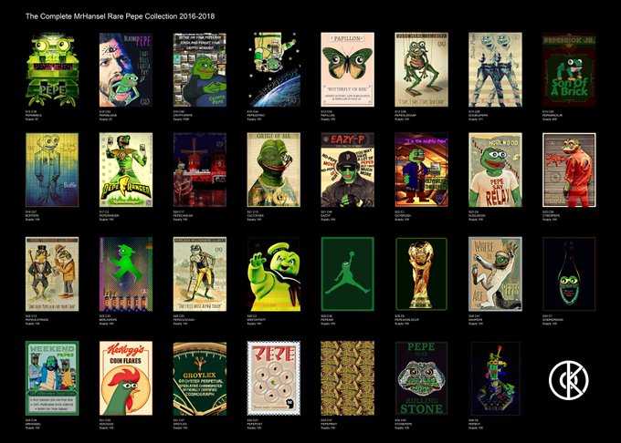 Grid display titled 'The Complete MrHandsai Rare Pepe Collection 2016-2018' showing 32 different Pepe the Frog artwork variations.