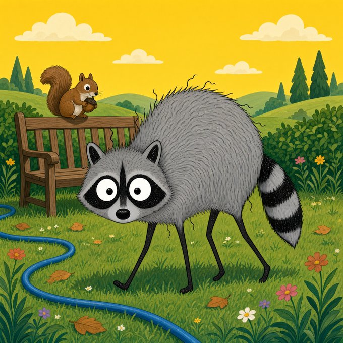 A whimsical cartoon illustration of a wide-eyed raccoon in a grassy meadow with flowers, while a squirrel holds an acorn on a wooden bench nearby.