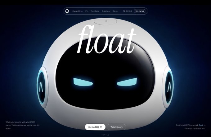 Product page for 'float,' a small white spherical AI device with blue glowing eyes, shown on a dark background with navigation tabs for Capabilities, Fix, Numbers, Questions, and Orca.