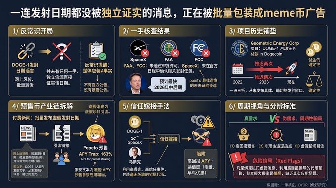 An infographic in Chinese analyzing the rise of meme coins, with sections questioning the authenticity of launch dates, mentioning DOGE-1, SpaceX, the FAA, and Pepecoin, with text like "Geometric Energy Corp", "支付链接" (payment link), and "Trustpilot 评分" (Trustpilot rating).