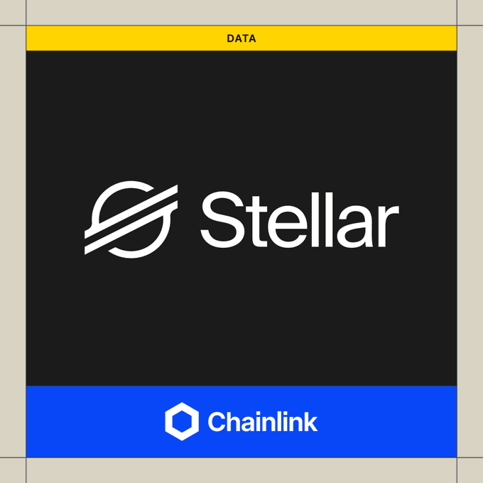 The image displays the Stellar and Chainlink logos with "DATA" labeled at the top, illustrating the integration of Chainlink's oracle infrastructure and data feeds into the Stellar blockchain network.