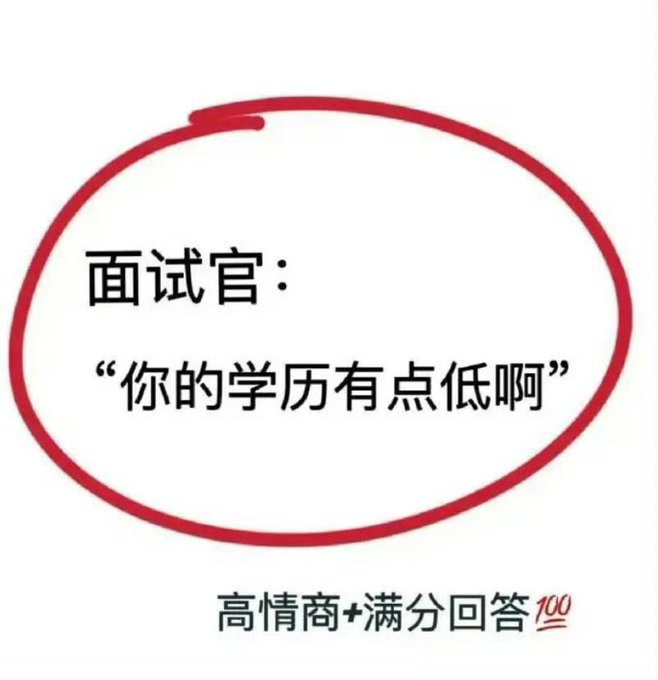 A red circle highlights Chinese text reading '面试官："你的学历有点低啊"' with additional text below stating '高情商+满分回答' and '100' beside it.