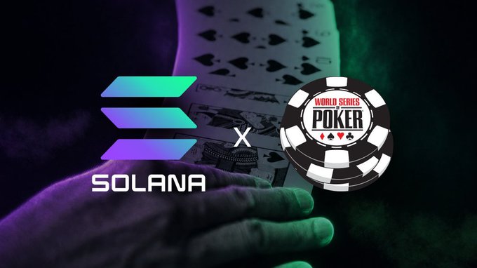 A promotional graphic featuring the Solana logo alongside a World Series of Poker chip, set against a dark background of a hand holding playing cards. The image illustrates the partnership mentioned in the post, showcasing the collaboration between the blockchain platform Solana and the WSOP for tournament registration and payments.
