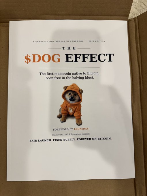 A mock-up book cover titled 'THE $DOG EFFECT' featuring a Shiba Inu dog in an orange Bitcoin hoodie, described as 'A Cryptolution Research Handbook · 2026 Edition' and 'The first memecoin native to Bitcoin'.