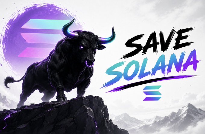 A digital graphic featuring a black bull with glowing purple horns and nose ring standing on a rocky peak, alongside the Solana logo and stylized text reading 'SAVE SOLANA'.