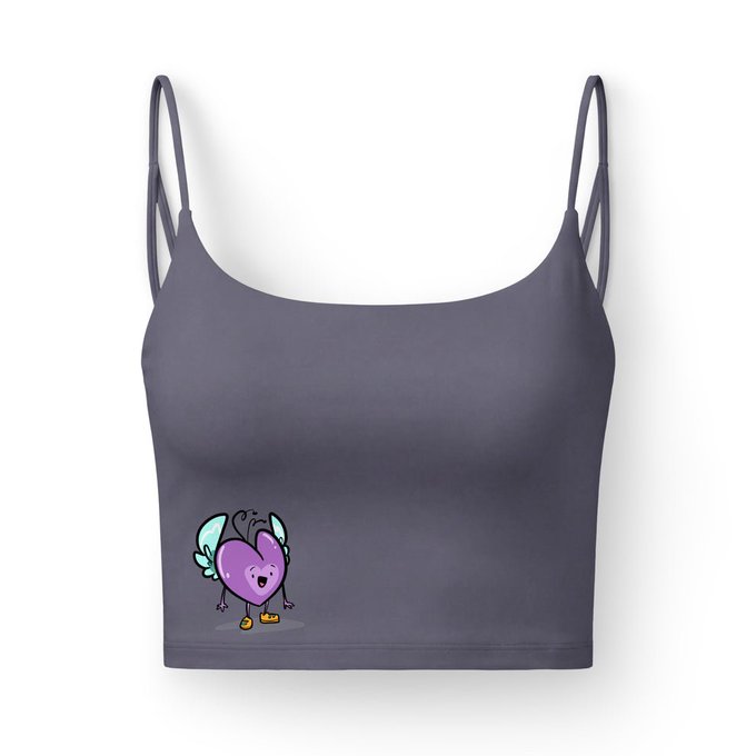 A gray spaghetti-strap camisole top features a small cartoon graphic of a winged heart character with feet and arms near the hem.