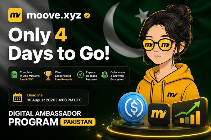 A promotional poster for 'moove.xyz' Digital Ambassador Program in Pakistan announces 'Only 4 Days to Go!' with a deadline of 10 August 2026, 4:00 PM UTC, featuring an anime-style character wearing yellow 'mv' branded sunglasses.
