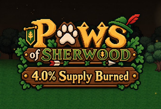 Pixel art-style logo for 'PAWS of SHERWOOD' set against a forest background, featuring a green Robin Hood hat with a feather on the 'S'. Below the logo is a wooden sign reading '4.0% Supply Burned'.