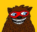 A cartoon illustration of a brown furry creature wearing a red superhero mask with a wide, toothy grin on a yellow background.