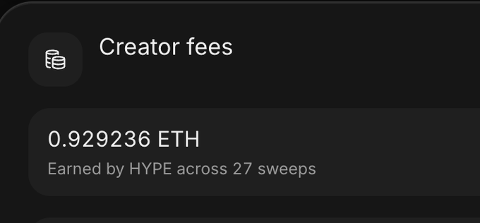 A dark-themed app screen displaying "Creator fees" of 0.929236 ETH earned by HYPE across 27 sweeps.