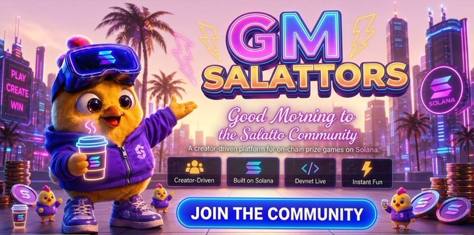 The image features a cartoon character wearing a purple jacket with a yellow hat holding a cup of coffee while standing next to a city skyline, which appears to be neon pink. The caption below the image reads "Good morning to the Salattors #Salato #Solana #Crypto #Web3 #Creator".