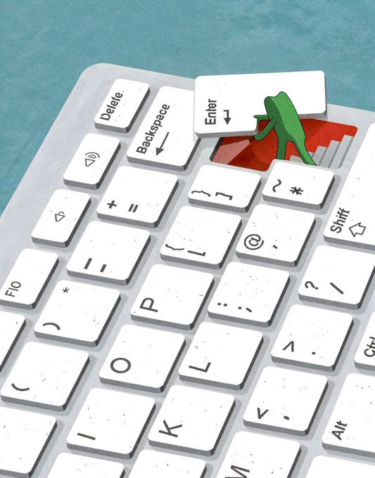 An illustration of a keyboard with a green frog emerging from a red pool where the 'Enter' key has been lifted off.