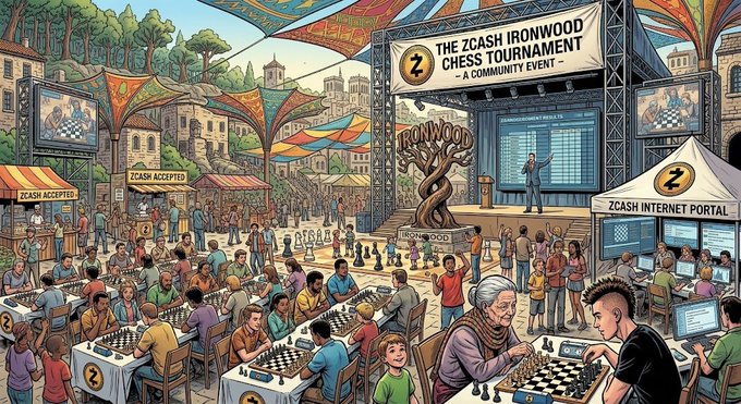 A colorful illustrated scene depicts 'The Zcash Ironwood Chess Tournament - A Community Event' with crowds playing chess, tents labeled 'Zcash Accepted,' and a 'Zcash Internet Portal' station.