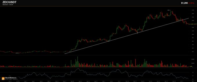 A ZEC/USDT Binance 4-hour chart shows the cryptocurrency at $1,295, having lost its uptrend support line after a sharp decline from recent highs near $1,350+, with falling RSI and declining volume suggesting weakening momentum that aligns with the "concerning" outlook.