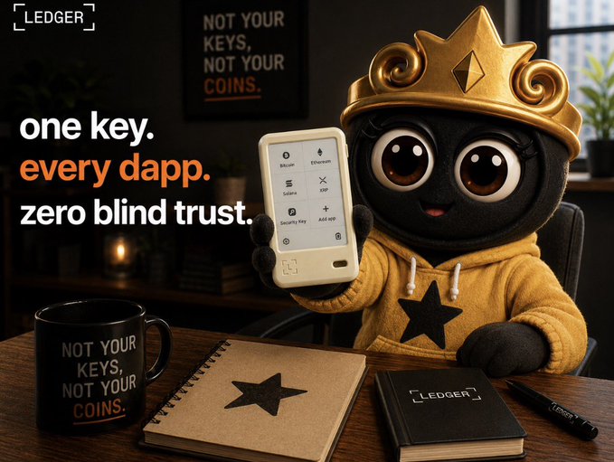 The image features a cartoon character dressed as a black cat, sitting at a desk with a book and a cell phone. The text above the character reads "one key, every dapp. zero blind trust." This message seems to be promoting the idea of being cautious about sharing personal information online or trusting others without verifying their identities first.