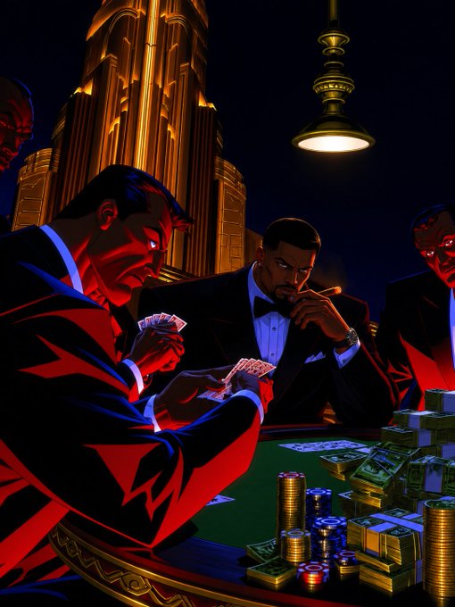 A noir-style animated illustration shows men in suits playing a high-stakes poker game around a green felt table piled with stacks of cash and gold chips, dramatically lit by a hanging lamp.