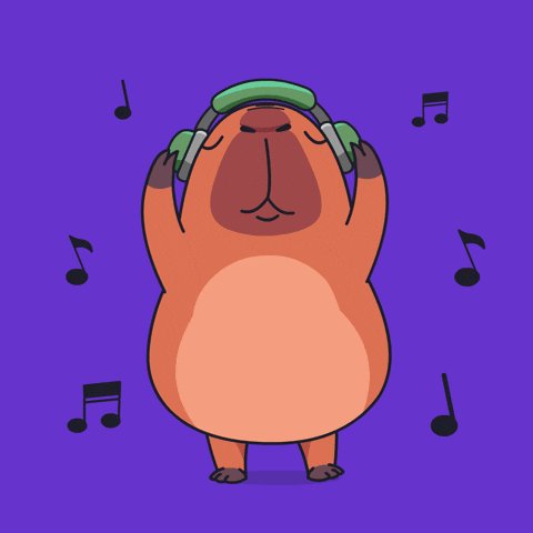 !!!Punchline!!! is a cartoon character with brown fur, wearing headphones and holding a green object against a purple background adorned with musical notes.