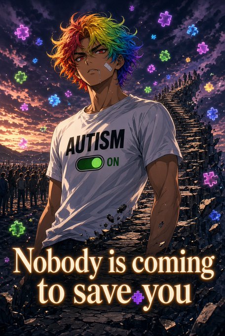 An anime-style illustration of a muscular young man with rainbow-colored hair wearing a white t-shirt that reads 'AUTISM ON' with a green toggle switch, standing before a crowd under a sunset sky with puzzle pieces floating around; text below reads 'Nobody is coming to save you'.