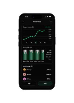 A smartphone displays a cryptocurrency detail screen for "AztecMac" (ticker AZMC), showing a green price chart and a green bar chart of market cap over time, with top exchange listings including OKX, Gate.io, and Bitget, and top holdings valued at $109.3m, $106.3m, and $70.5m. The post highlights the coin details screen's availability in both light and dark mode.
