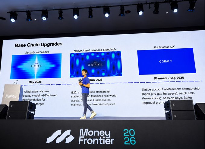 A speaker on stage at the Money Frontier 2026 conference presenting 'Base Chain Upgrades,' detailing three releases: Azul (May 2026), Beryl (Jun 2026), and Cobalt (Planned - Sep 2026).
