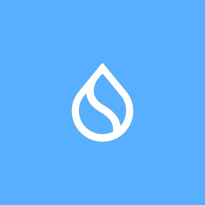 In this image, there's a blue background with a white line representing an "L" shape or a drop-like form. The line is tilted upwards. Below the design, there is text that reads "ironically @SuiNetwork going down is just as good as price soaring 40% in terms of marketing people are replying to every SUI related post people are posting chart screenshots, asking ?". The text seems to be from a discussion about the SUI logo or design.