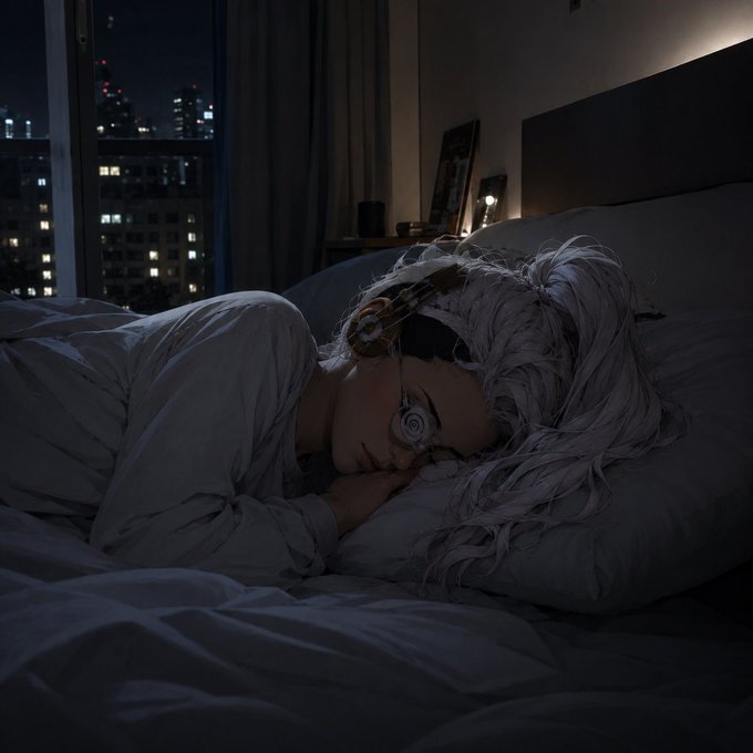 A dimly lit photograph of a cosplayer with white hair and goggles sleeping peacefully in bed with a nighttime city skyline visible through the window.