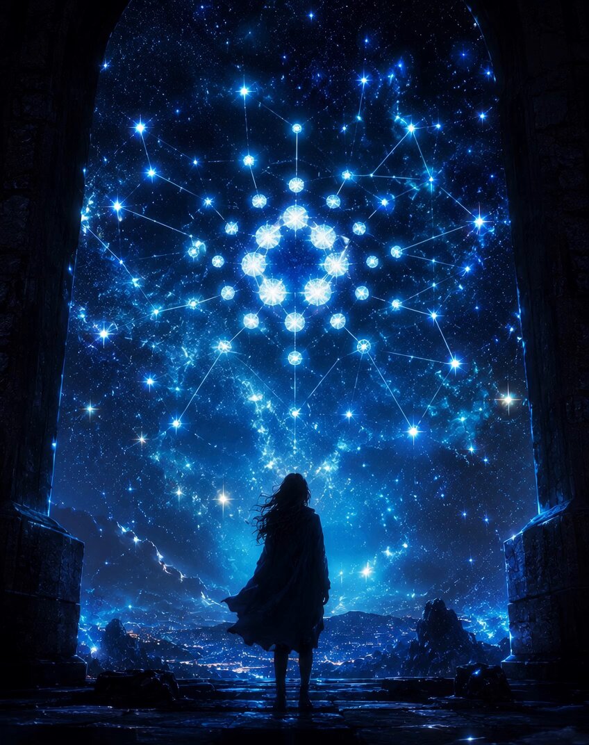 The image features a woman standing outside of an archway, looking up at the sky filled with stars. The scene appears to be set in a dark area or cave-like setting, which adds to the mysterious atmosphere. The woman seems to be contemplating something above her head, possibly pondering the vastness and beauty of the starry night sky.