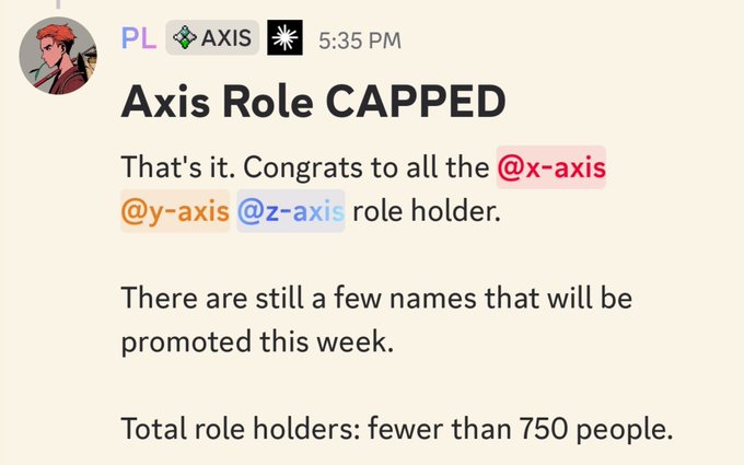 A Discord message titled 'Axis Role CAPPED' congratulates @x-axis, @y-axis, and @z-axis role holders, noting fewer than 750 total holders.
