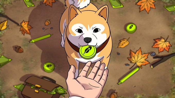 A Shiba Inu wearing a collar with a green "$HACHI" tag looks up at an outstretched hand, surrounded by scattered autumn leaves, acorns, and additional $HACHI tokens, visually promoting the upcoming launch of Hachikō Inu ($HACHI) on Robinhood Chain as teased in the post.