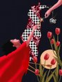 A stylized illustration showing hands placing red fabric near a checkered heart-shaped balloon and a soccer ball resting among red flowers in a grassy field.
