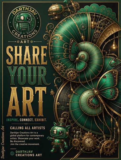 A steampunk-themed promotional poster for 'Darthjav Creations Art' featuring ornate gears, teal butterfly-like mechanical wings, a hot air balloon, and text reading 'SHARE YOUR ART - INSPIRE. CONNECT. EXHIBIT.'