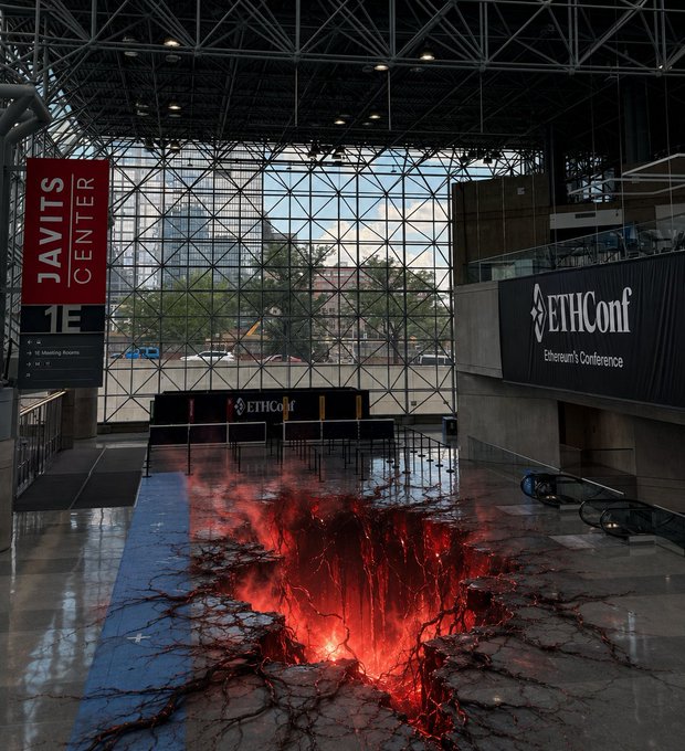The image shows a large, open space with a hole in the middle of it that appears to be lava or fire. There are several chairs placed around the hole, suggesting an event or gathering taking place within this unique setting. The sign "StrangerETHings" is visible near the hole, possibly indicating the name of the event or the theme of the gathering.