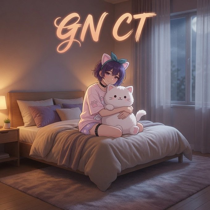 An anime-style girl with purple hair and cat ears cuddles a white cat plushie on a cozy bed at night, with the glowing text "GN CT" on the wall behind her. The image visually reinforces the "Good Night Crypto Twitter" sign-off, capturing the relaxed, winding-down mood after a day of trading.
