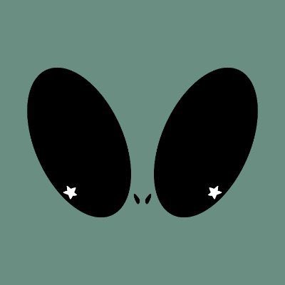 A minimalist graphic featuring two large black oval shapes resembling ears or eyes on a teal background, with small white stars near the bottom of each oval and a tiny detail between them.