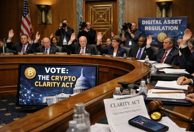 A congressional hearing scene with officials raising their hands, featuring screens displaying 'DIGITAL ASSET REGULATION' and 'VOTE: THE CRYPTO CLARITY ACT' with Bitcoin imagery, plus a document labeled 'CLARITY ACT'.