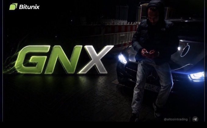 A promotional image featuring the Bitunix logo, large 'GNX' text in green and white, and a man standing next to a black car at night with the handle '@altcointrading'.